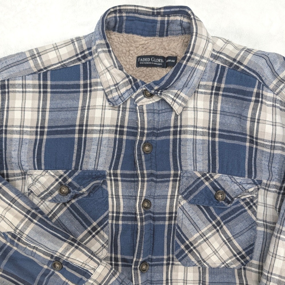 Faded Glory Men's‎ Plaid Flannel Sherpa Lined Jacket Blue Beige Black Size M